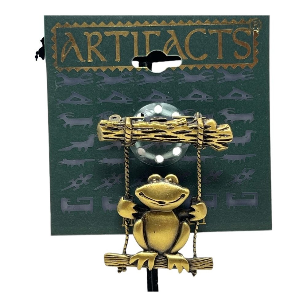 JJ Artifacts Frog On Rope Swing Articulated Brooch Pin Gold Tone 1986 Vintage